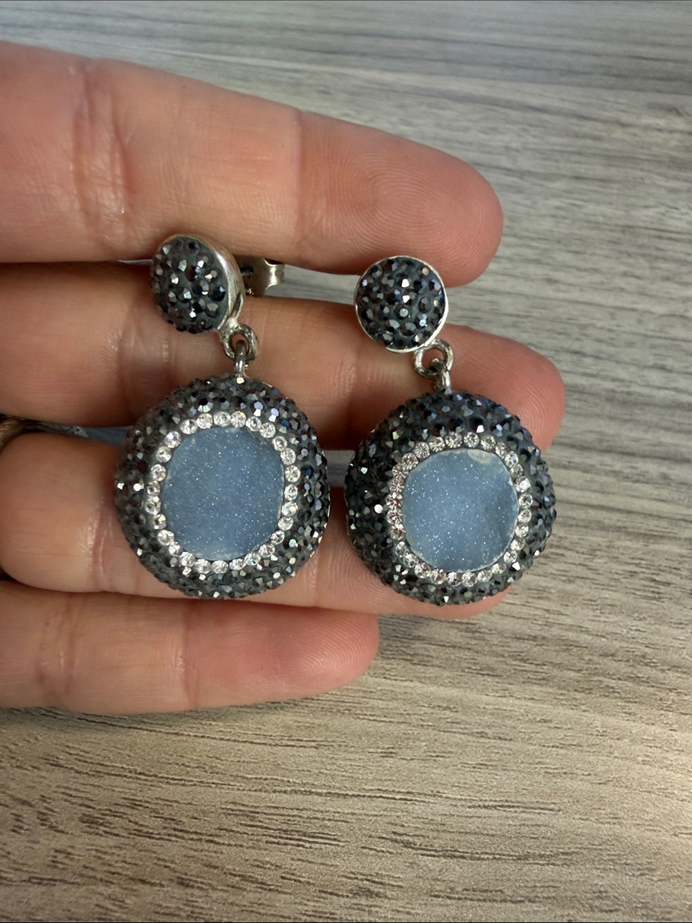 Druzy Crystal Drop Earrings in Light Blue and Gunmetal